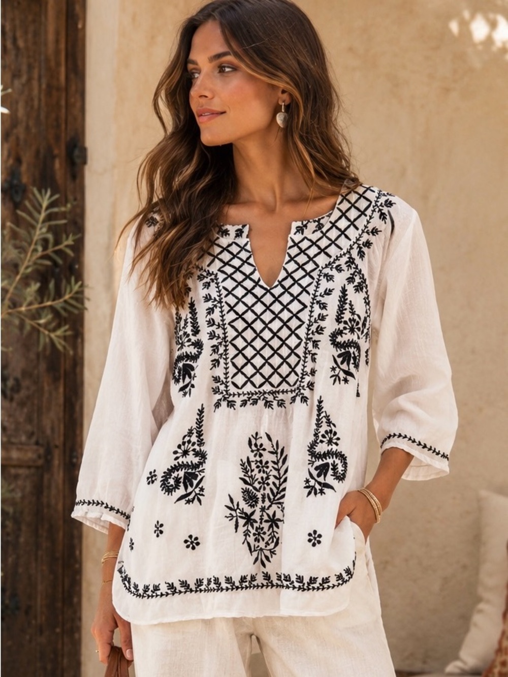 Solitaire White Tunic with Black Embroidery